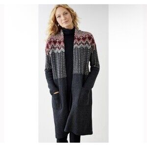 J Jill Long Cardigan Sweater Pockets Women 2X Wool Blend Red Fair Isle Jacket